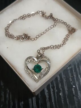 Silver Heart Necklace with Emerald-Green Center Stone 16 Inches